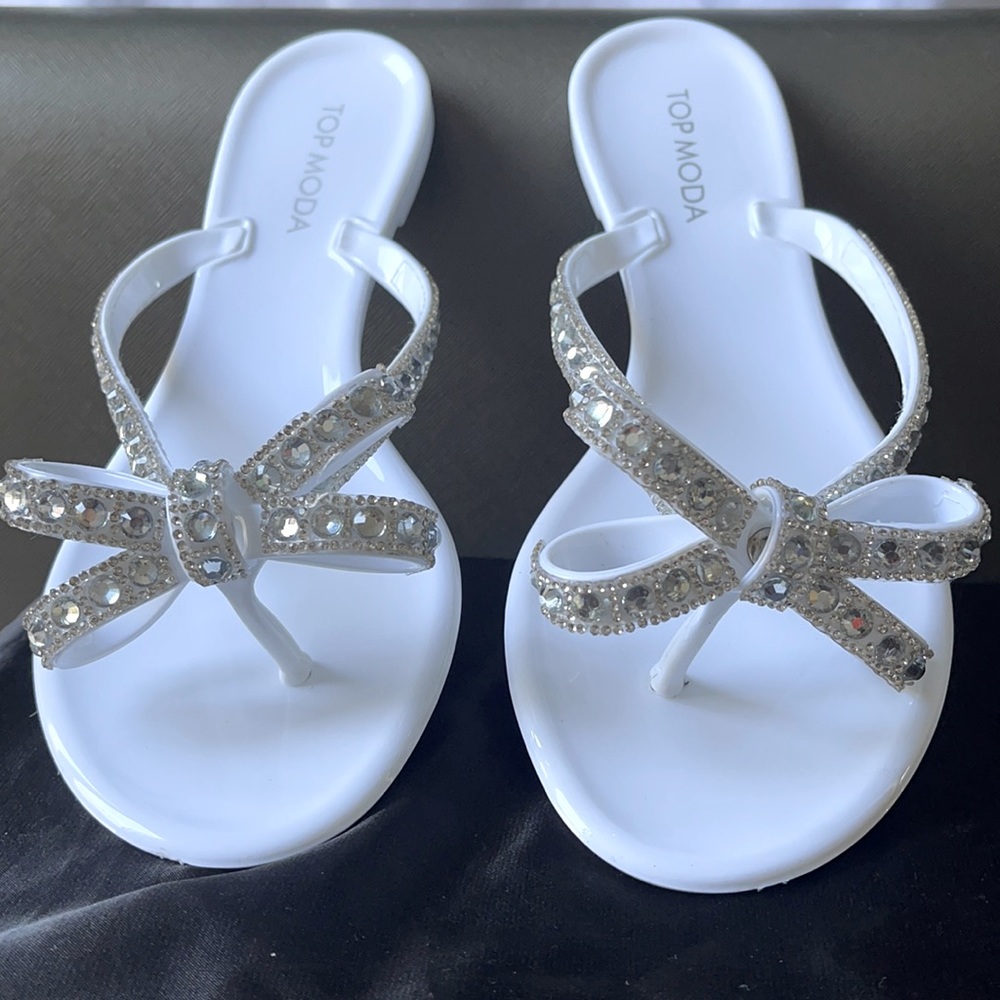 White Rhinestone Thong Flats
